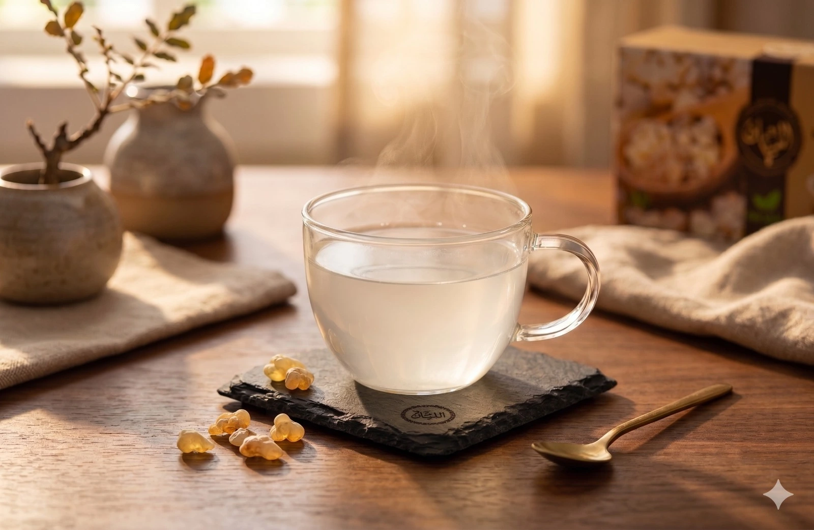 كوب شاي اللبان الحوجري العماني الساخن مع حبيبات اللبان الأصلية على طاولة خشبية من دكان اللبان